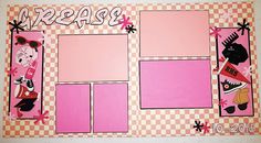 a pink and white checkered paper with pictures on it