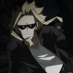 an anime character with blonde hair and blue eyes, wearing black clothes in the dark