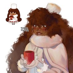 a drawing of a woman with curly hair holding a coffee cup and wearing a white hat