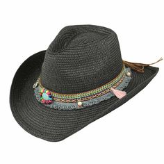 Straw cowboy hat for women. Colorful embroidered tassel band with turquoise beaded concha. C-crown with pinched front. Curled 3" wide brim with wired edge to shape. Inner drawstring to adjust fit. One size. 100% paper braid. Adjustable Fringe Hat With Curved Brim, Adjustable Flat Brim Hat With Fringe, Adjustable Fringe Hats, Adjustable Brimmed Sun Hat With Fringe, Adjustable Sun Hat With Fringe And Curved Brim, Adjustable Curved Brim Sun Hat With Fringe, Adjustable Fringe Sun Hat With Curved Brim, Bohemian Adjustable Hat For Kentucky Derby, Adjustable Fringe Fedora Straw Hat