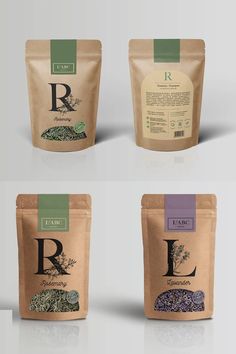 four bags of tea with the letter r on them