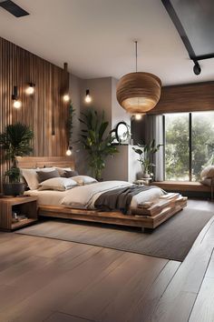 a large bedroom with wooden walls and flooring