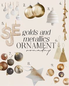 an advertisement with ornaments and the words se golds and metallics ornament