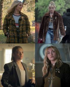 there are four different pictures of women in the same photo and one is wearing a jacket