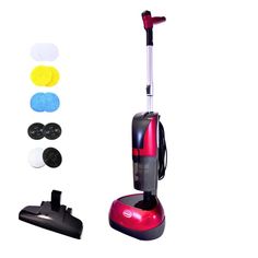 a red and black vacuum is next to several different colors of cleaning supplies on a white background