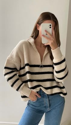 Zip Sweater, Striped Sweater, Fall Winter Outfits, Classy Outfits, Fashion Inspo Outfits