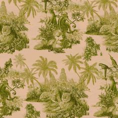 an animal themed wallpaper with palm trees and jungle animals on the ground, in shades of green