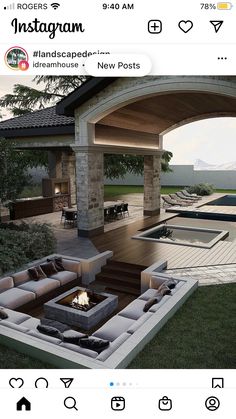 an instagram photo of a house with a pool and fire pit in the middle