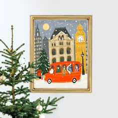 a christmas scene with a red bus and a clock on the wall next to a fir tree