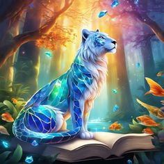 a blue and white tiger sitting on top of an open book in the middle of a forest