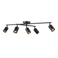 four light track fixture with black finish and gold accents on an isolated white wall background