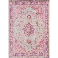 a pink and purple rug with an ornate design on the bottom, in front of a white background