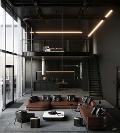 a living room filled with lots of furniture next to a stair case on the wall