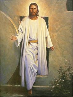 a painting of jesus holding his hands out