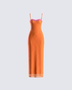 Brighten up their day with one look at you in this masterpiece 🤩 Made from stretch mesh fabric, featuring lace trim at the top edge, lightly padded bra cups with underwire, and an adjustable lace-up back and straps - this orange mesh maxi dress is the pop of color you need in your life 🧡 Bright Dress Aesthetic, Simple Orange Dress, Pink And Orange Dress Outfit, Orange Dress Aesthetic, Finesse Dress, Orange Dress Outfit, Orange Long Dress, Pink Orange Dress, Pink And Orange Dress