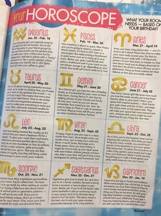 the zodiac sign for your horoscope is displayed in a book with other astro symbols