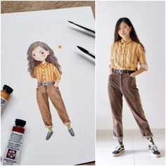 a woman standing next to a drawing of a girl wearing brown pants and striped shirt