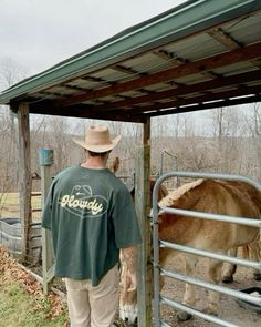 a man standing next to a brown horse near a metal fence with a green shirt on