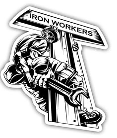 a sticker depicting a man climbing up the side of a wooden sign with iron workers on it