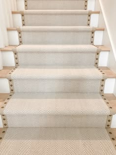 Beige neutral wool stair runner carpet Boston Massachusetts The Carpet Workroom Light Wood Stairs With Runner, Stair Runner With Nail Heads, Berber Carpet Stair Runner, Stair Runner On Light Wood, Cream Stair Runner With Rods, Carpet For Stairs, Staircase Runner Ideas, Farmhouse Stairs, `stair Runners That Go With Area Rugs