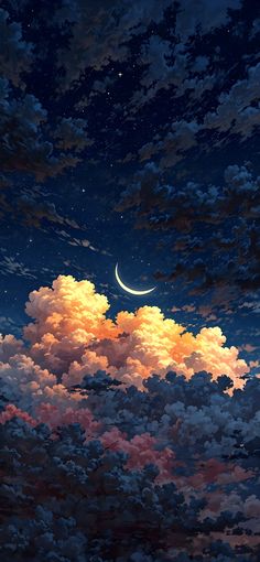 the night sky is full of clouds and a half moon in the distance above it