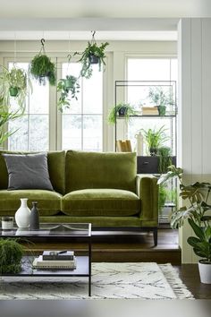 a living room filled with green furniture and potted plants on the windows sill