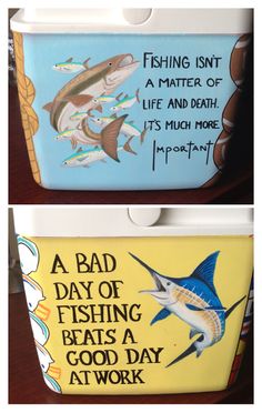 Guy Harvey cobia and blue marlin painted on a cooler with cute fishing sayings 🐟 Duck Hunting Frat Cooler, Fishing Koozie Ideas, Fishing Tumbler Ideas For Men, Fishing Sayings, Bling Flask, Painted Coolers For Guys Fraternity