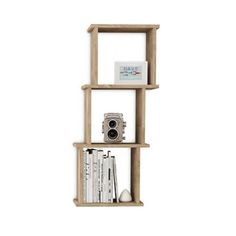 a wooden shelf with books and cameras on it