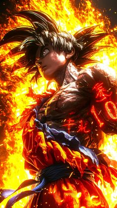 an anime character standing in front of a fire