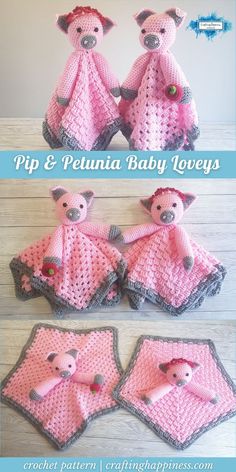 two crocheted teddy bears in pink and gray outfits