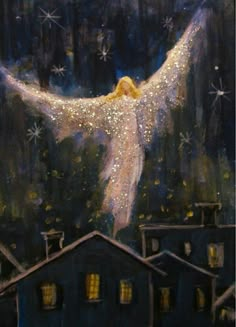 a painting of a white angel in the night sky above houses and trees with snowflakes on them