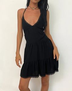 Black Tiered Halter Mini Dress | Londyn – motelrocks-com-us Black Mini Dress Halter, Honeymoon Style, A Little Black Dress, Summer Bodycon Dress, Black Satin Dress, Motel Rocks, Bandeau Dress, Halter Mini Dress, Long Sleeve Bodycon Dress