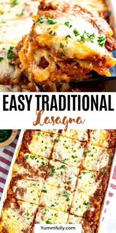 an easy lasagna casserole recipe with meat and cheese on top is shown in this collage