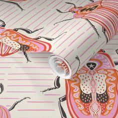 an orange and pink wallpaper with different designs on the surface, including zebras