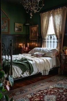 a bed sitting in a bedroom next to a window with curtains on it's sides