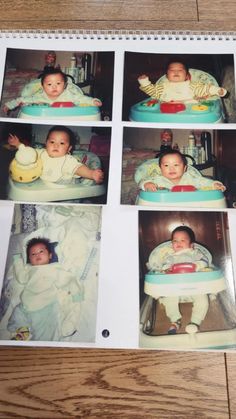 several pictures of babies in their highchair and on the floor, taken from above