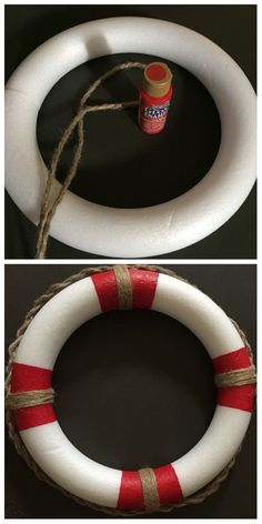 two pictures showing how to make a wreath out of an old life buoy and rope