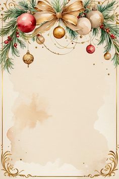 a christmas card with baubles, holly and bells on the corner in watercolor