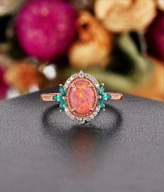 Guess your favorite Ring：https://www.etsy.com/listing/699139357 https://www.etsy.com/listing/938521537 ★ Settings ☆ Metal: 14K / 18K Solid Gold  ☆ Gold Color: Rose / White / Yellow ★ Main Stone ☆ Type: Lab Opal ☆ Shape: Oval Cut ☆ Size: 8*6 mm ★ Side Stones ☆ Type: Moissanite ☆ Total Carat Weight: approx 0.098 ct ☆ Shape: Round ☆ Color: DEF ☆ Clarity: VVS-VS ☆ Type: Lab Emerald ☆ Total Carat Weight: approx 0.162 ct ☆ Shape: Marquise ▷ Weight of gold: about 3.33 g ▷ Band width: 1.8 mm ▷ Band Thic Large Oval Opal Ring, Opal And Ruby Engagement Ring, Green Opal Ring, Yellow Stone Ring, Wedding Ring Marquise, Antique Opal Ring, Opal Engagement Ring Rose Gold, Emerald Promise Ring, Opal Wedding Ring