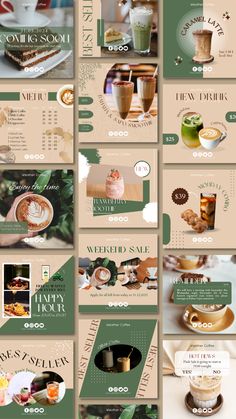 a series of brochures with coffee and desserts on them, all in different colors