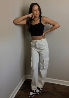 Ivory Straight Leg Cargo PantsSide PocketsAlso Pictured: Isabella Black Cropped Tank100% CottonModel Is 5'4 and Wears Size Small Black Crop, Cargo Pants, Straight Leg, Pants, How To Wear, Black, Trousers