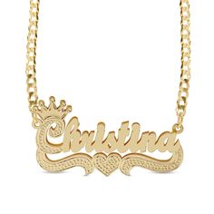 Make it personal with this bold name curb chain necklace. Made in responsibly sourced 14K plated yellow gold for everyday wear with proper care. Chain Length: 18 in. Chain Width: 3.53 mm Font: Script Character Limit: 3-10 Gold Name Necklace Latina, Name Plate Necklace Gold, Name Chains, Necklace Name Design, Name Plate Necklace, Curb Chain Necklace, Gold Name Necklace, Jewelry Accessories Ideas, Plate Necklace