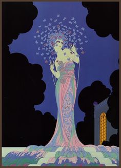 an illustration of a woman with flowers in her hair standing on the edge of a body of water