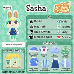 an animal crossing character is shown in the game's info sheet, which includes clothing and accessories