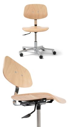 an office chair with wheels and wooden seat