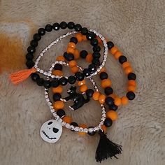 Set Of 5 Halloween Bracelets No Bracelets Are The Same Charms Include: Jack Skellington From Nightmare Before Christmas, Black Cat, Black & Orange Tassels Beaded & Stretchy From Salem, Mass Christmas Black Cat, Disney Charm Bracelet, Halloween Charm Bracelet, Salem Mass, Lilo And Stitch Ohana, Minnie Mouse Halloween, Disney Couture, Halloween Bracelet, Bracelet Quotes