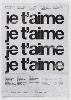 an old newspaper with black and white type on the front page, which reads je t'aime je tamme je teme je tame je etame je time je time je taime je amie