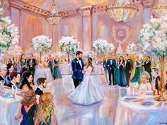 a painting of a bride and groom walking down the aisle at their wedding reception in an elegant ballroom