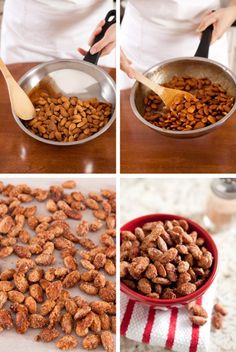 there are four pictures showing how to cook nuts