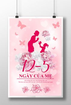 a pink poster with flowers and a silhouette of a woman holding a baby's hand